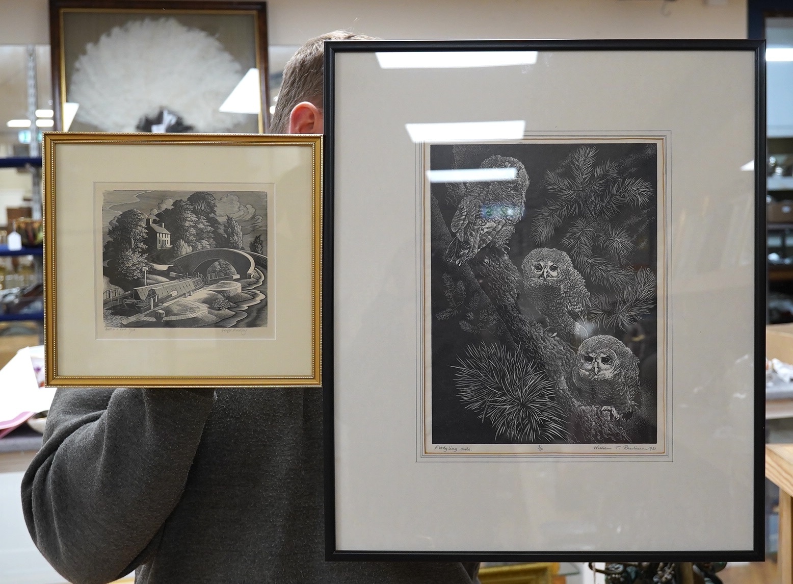 George Mackley (1900-1983) wood engraving, “Boats in a lock”, and William T Rawlinson (1912-1993), wood engraving, “Fledgling Owls”, each signed in pencil, limited edition 17/50 and 3/50, largest 29 x 22cm. Condition - g